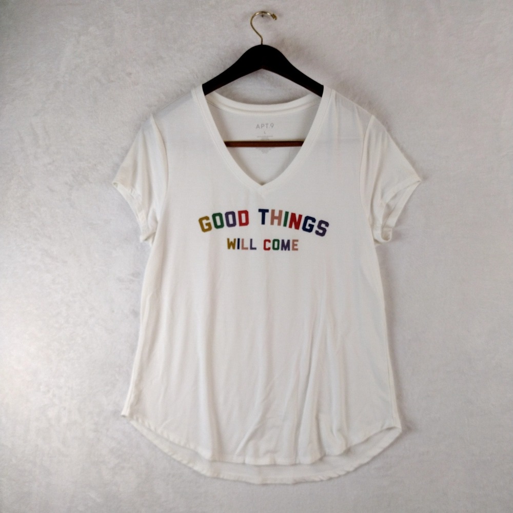Apt 9 Womens White Good Things Will Come V-Neck Graphic T-Shirt Large